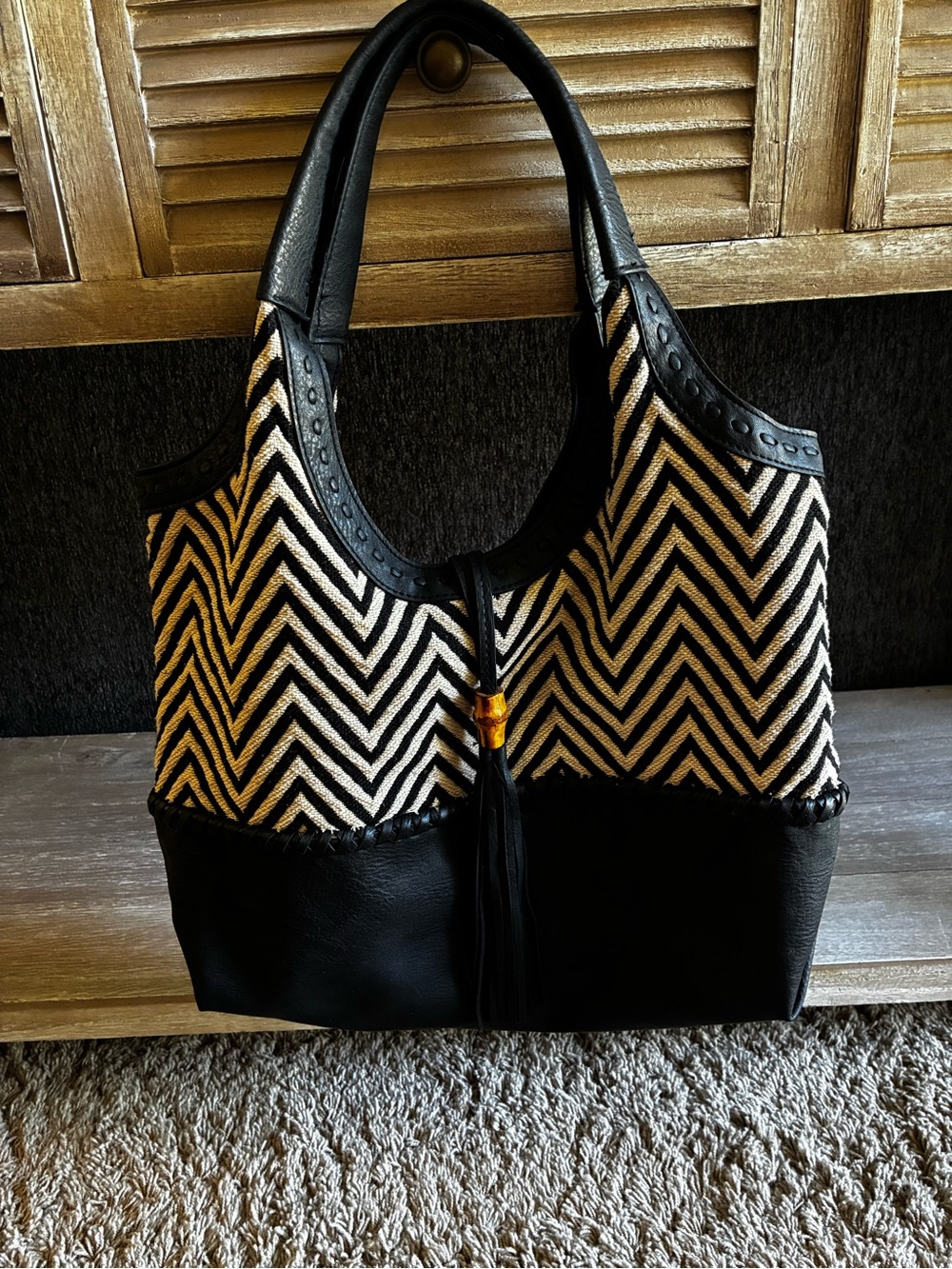 Big Buddha Black and Cream Chevron Hobo Shoulder Bag